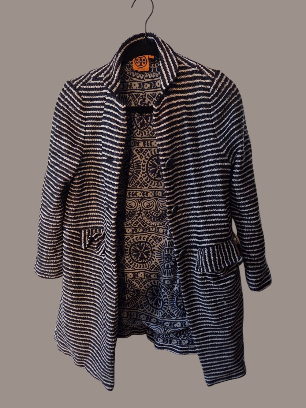 Tory Burch Navy and White Striped Pea Coat